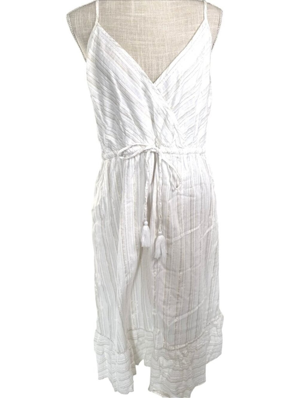 Loft White & Gold Striped Sleeveless Midi Dress With Tassel Tie Waist Size12